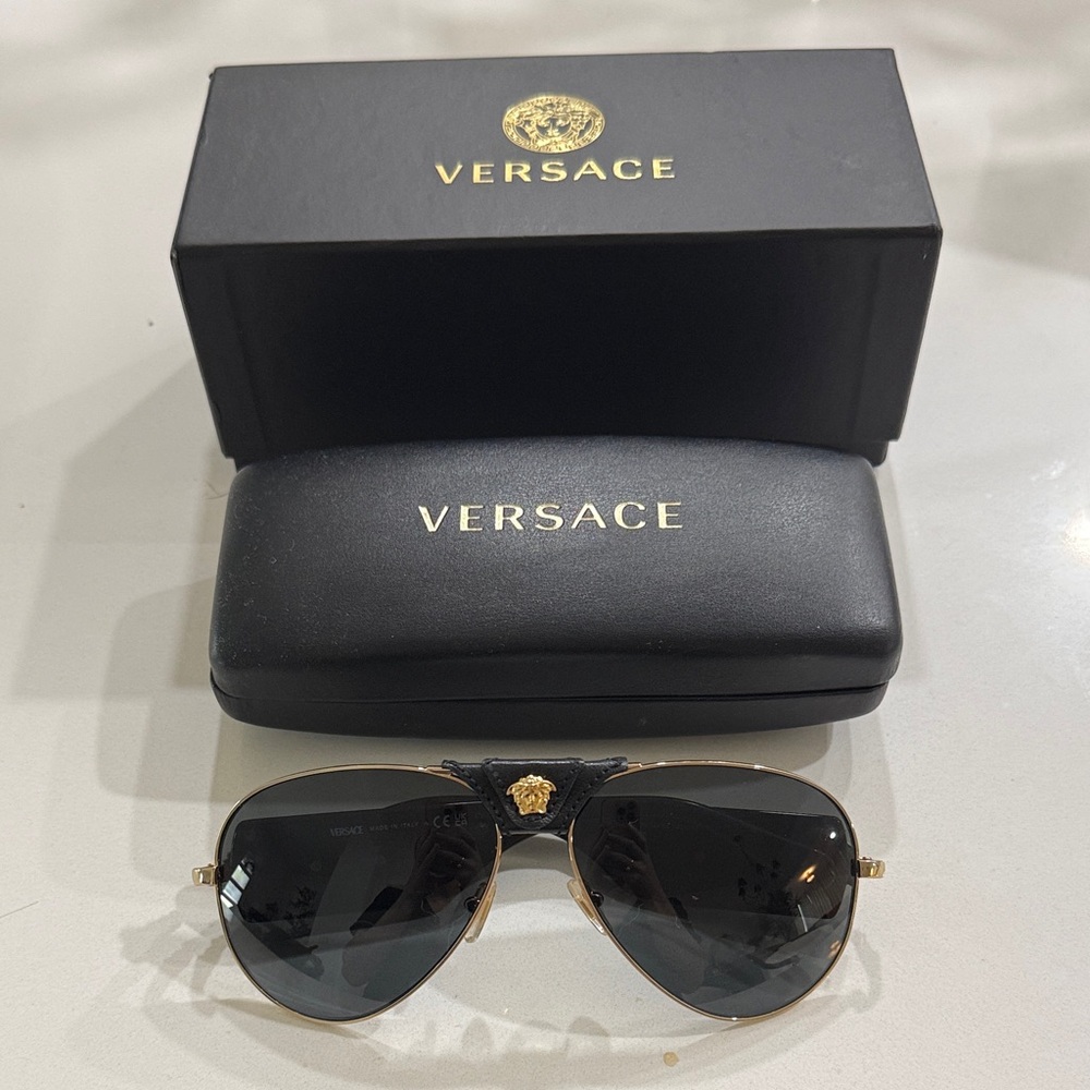 Versace Aviator Sunglasses in Black and Gold with Medusa Accent